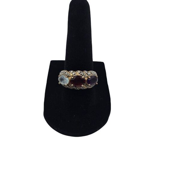 Gold Plated Sterling Silver Ring Sze 7 Amethyst Garnet Blue Topaz Diamond Accent - Picture 1 of 6